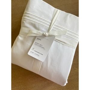New Pottery Barn Grand Organic Embroidered Sheet Set White Queen